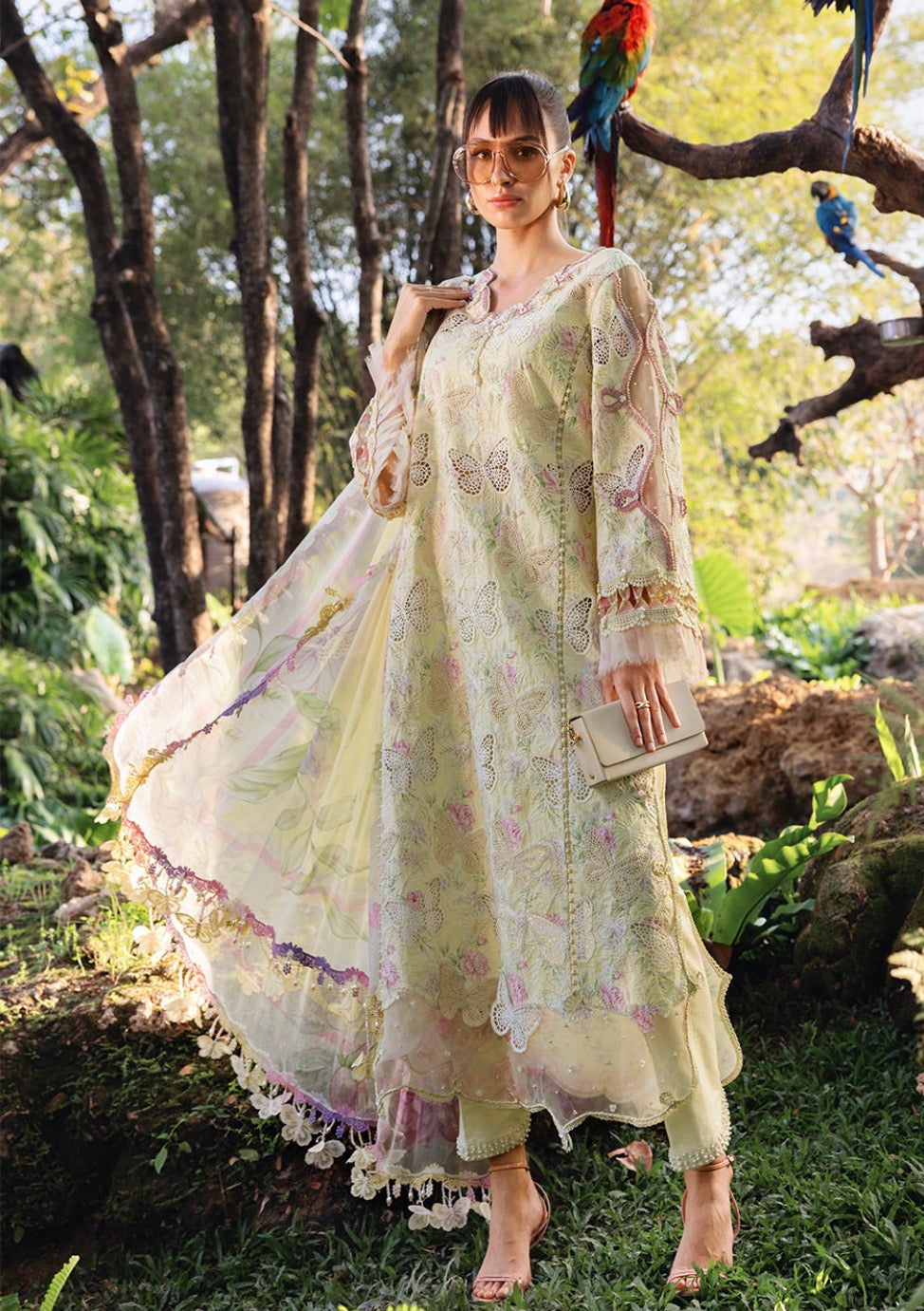 3pcs Maria B Butterfly Lemon Lawn with plain trouser