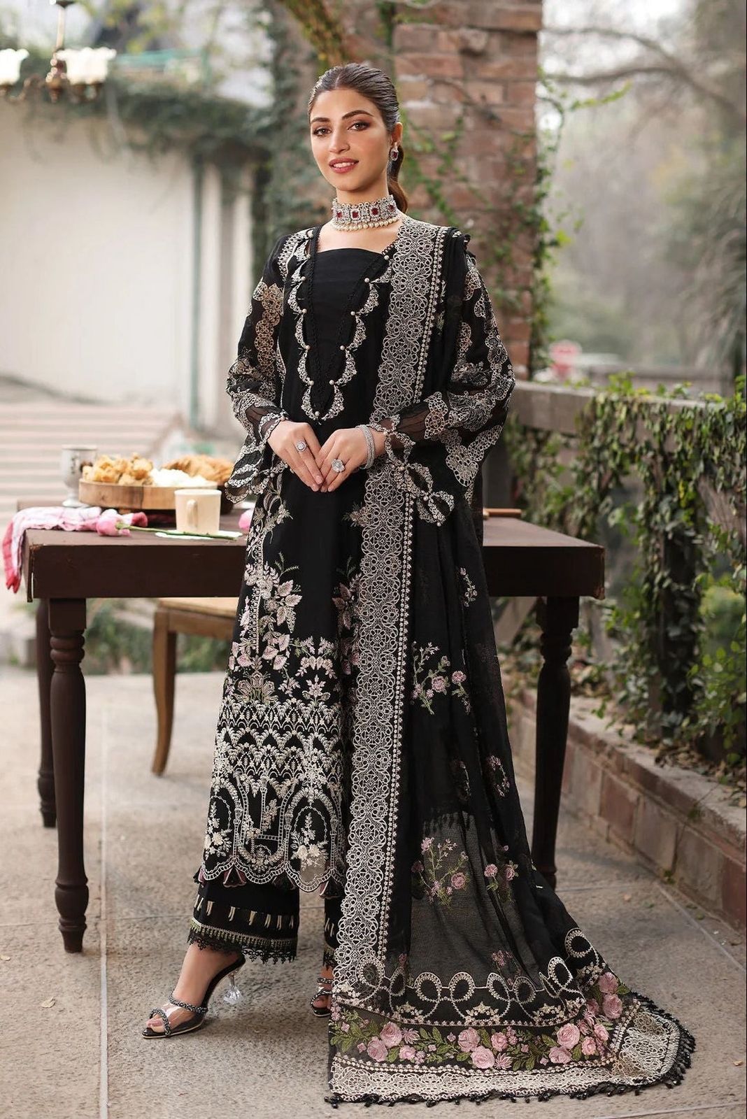 3pcs Kahf Blue lawn with indian chiffon dupata
