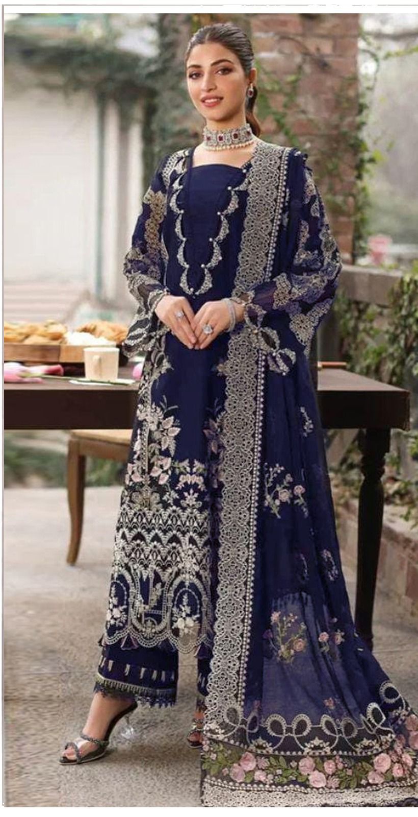 3pcs Kahf Blue lawn with indian chiffon dupata
