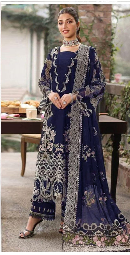 3pcs Kahf Blue lawn with indian chiffon dupata