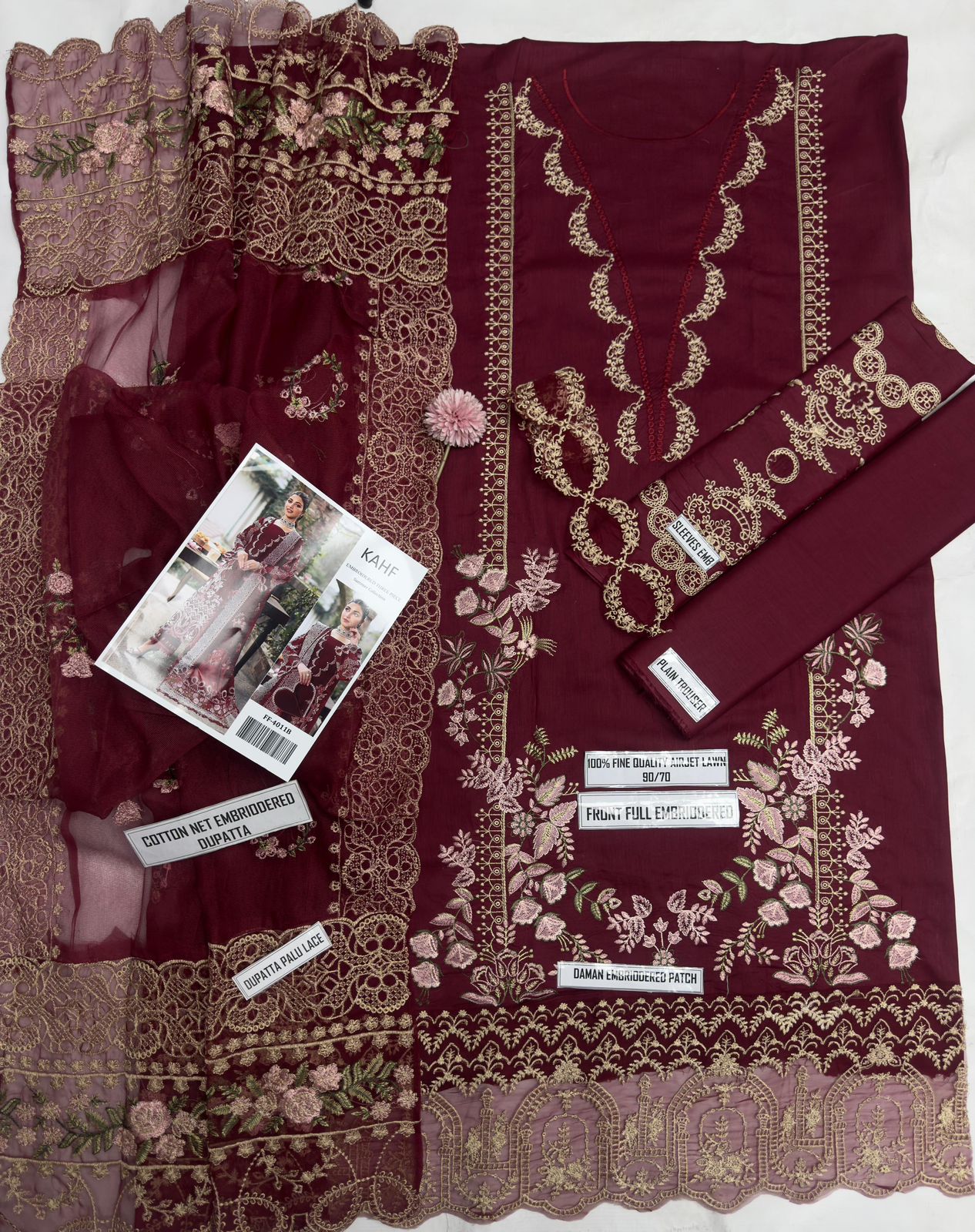 3pcs Kahf Blue lawn with indian chiffon dupata