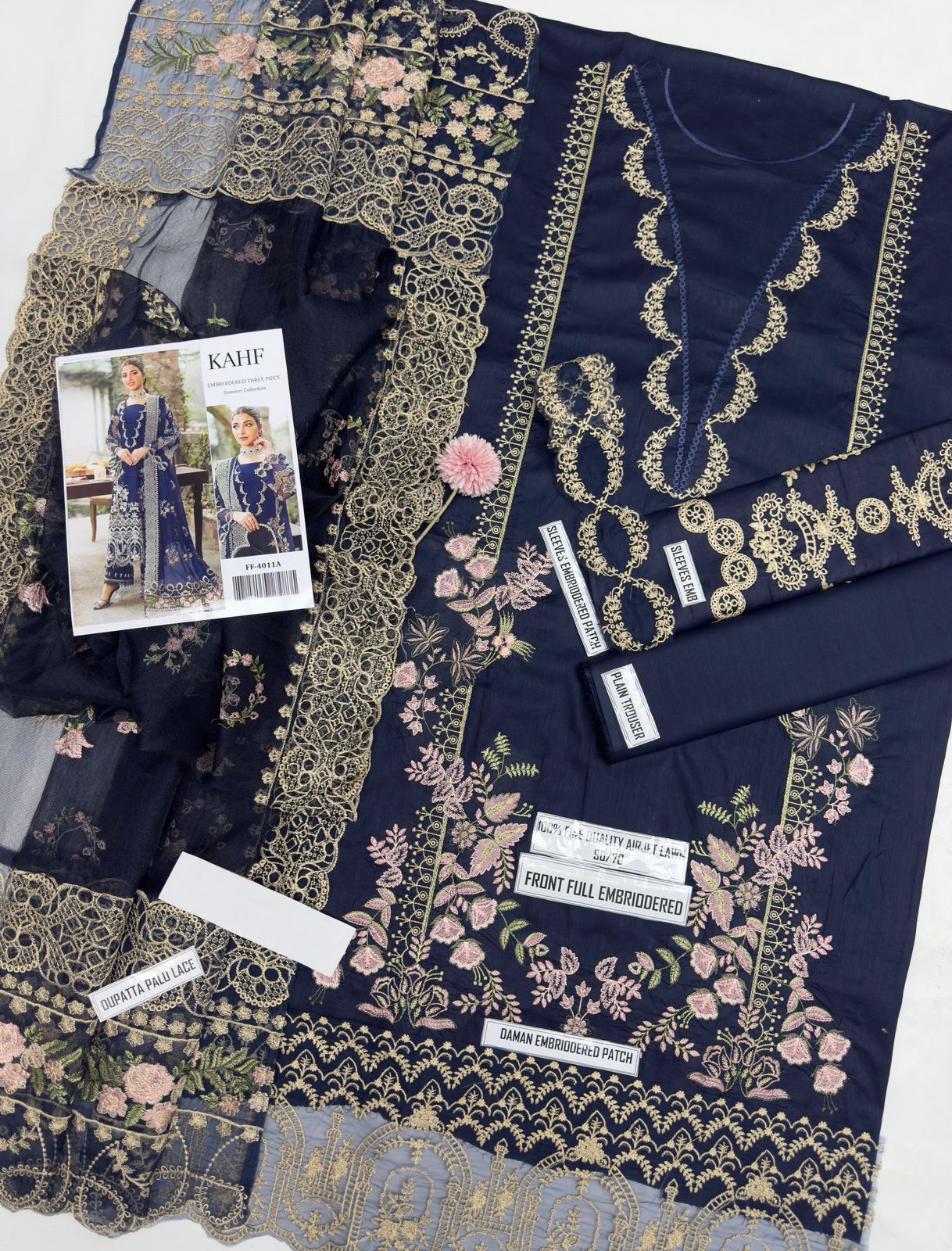 3pcs Kahf Blue lawn with indian chiffon dupata