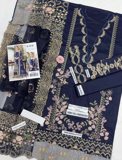 3pcs Kahf Blue lawn with indian chiffon dupata